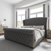 VanAcc California King Size Platform Bed Frame, Velvet Upholstered Sleigh Bed with Scroll Wingback Headboard & Footboard/Button Tufted, Grey