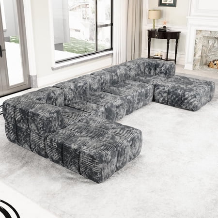 VANACC Compression Modular Sectional Sofa for Living Room,Oversized U Shaped Cloud Sofa Couch Reversible Chaise Sectional Couch,6 Seat Modular Sofa Set with 2 Corner Sectional,Corduroy Fabric,Grey