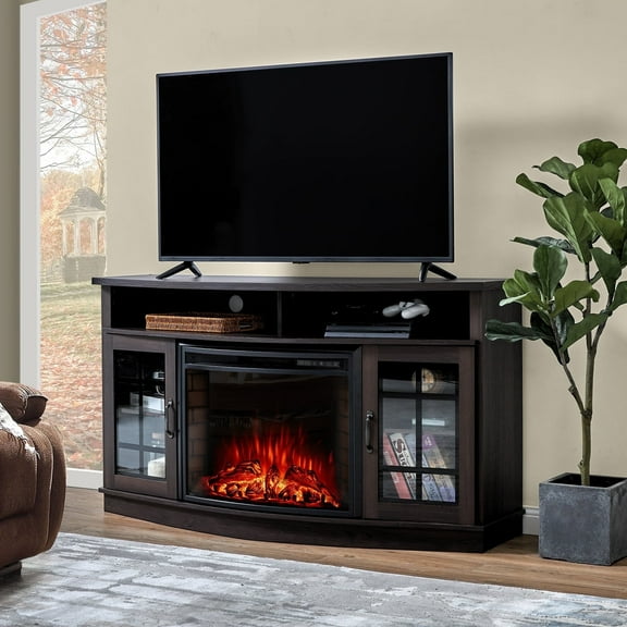 VANACC Curved Fireplace TV Stand with 26" Fireplace, Console Table for TVs up to 65", Espresso