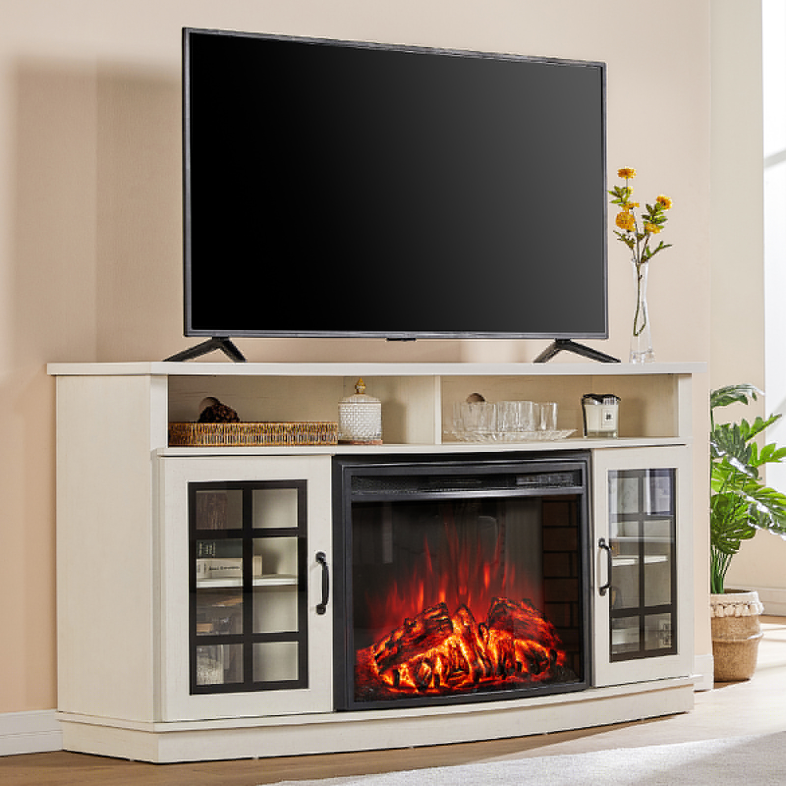 VANACC Curved TV Cabinet with 26" Electric Fireplace for TVs up to 65", Distressed White