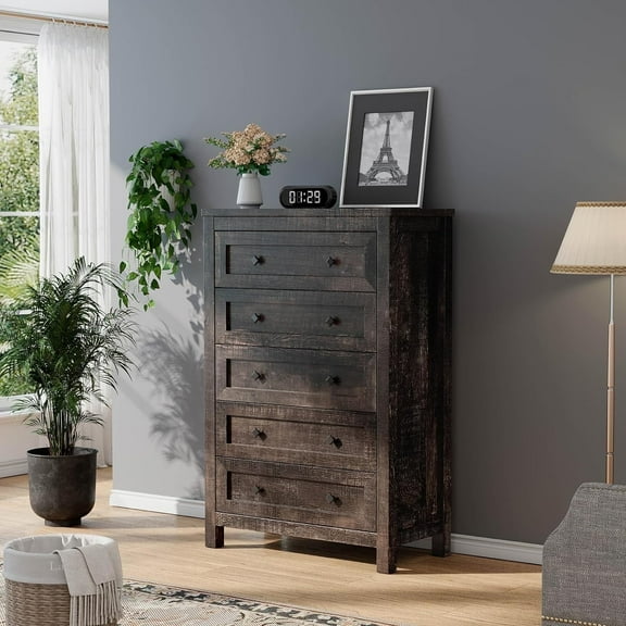VANACC Farmhouse 5 Drawers Dresser, Wood Chest of Drawers for Bedroom, Living Room, Black Oak