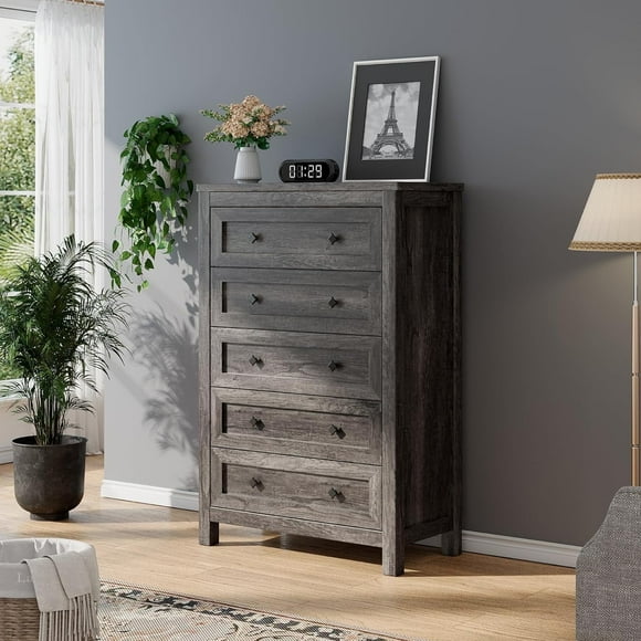 VANACC Farmhouse 5 Drawers Dresser, Wood Chest of Drawers for Bedroom, Living Room, Washed Ash