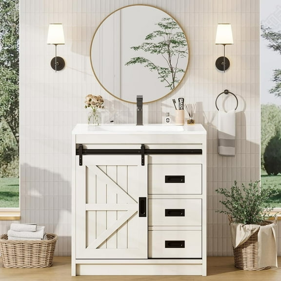 Merluxy Farmhouse Bathroom Vanity with Sink Combo, 31in Sliding Barn Door Bathroom Vanity Cabinet Set, Metal Handles, Antique White