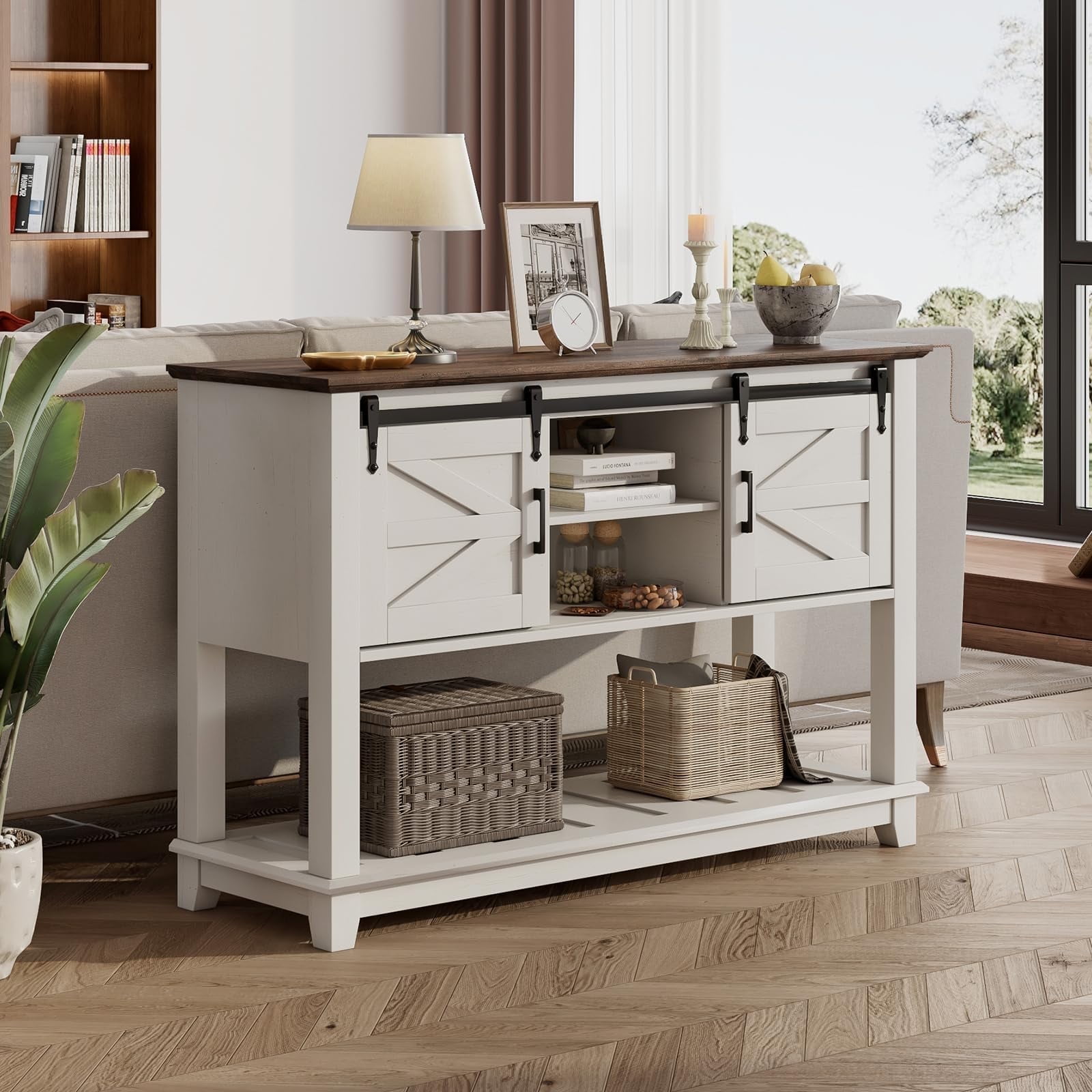 VANACC Farmhouse Entryway Table with Sliding Barn Doors, 46" Sofa Table, Antique White