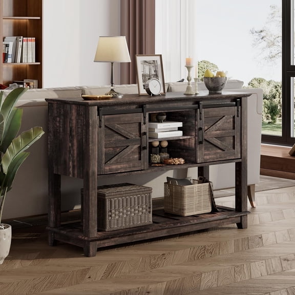 VANACC Farmhouse Entryway Table with Sliding Barn Doors, 46" Sofa Table, Dark Rustic Oak