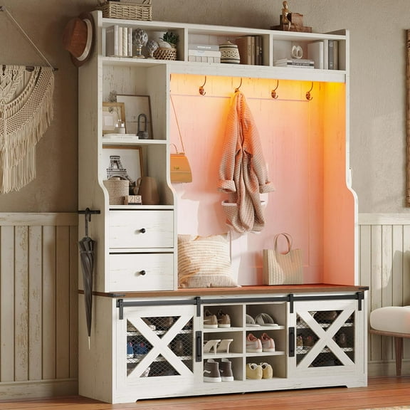 VANACC Farmhouse Hall Tree with Bench and Shoe Cabinet, LED Entryway Organizer, Rustic White