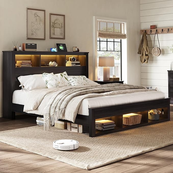 VANACC Farmhouse King Size Bed Frame with Storage Bookcase Headboard ...