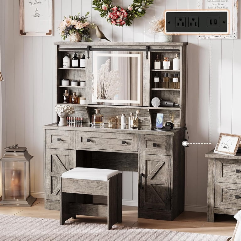 grey vanity dresser Dropship Vanity Desk Set With Large Lighted Mirror And Powre Outlet, Glass Top Makeup Vanity With 3 Drawers And 2 Cabinets, Vanity Table With 12 LED Lights, 3 Lighting Color Adjustable, Grey