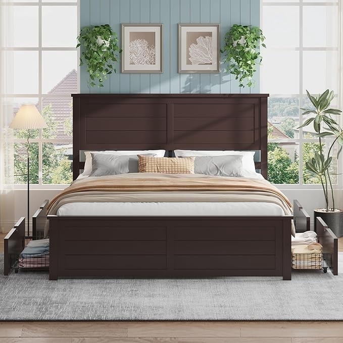 VanAcc Farmhouse Queen Size Bed Frame with Headboard and 4 Storage ...