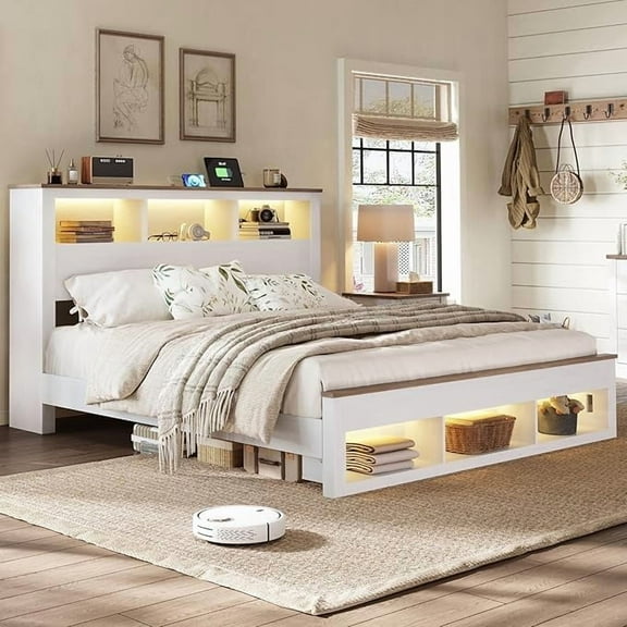 VanAcc Farmhouse Queen Size Bed Frame with Storage Bookcase Headboard and Footboard, Storage Wood Platform Bed Frame with Wood Slats Support, White
