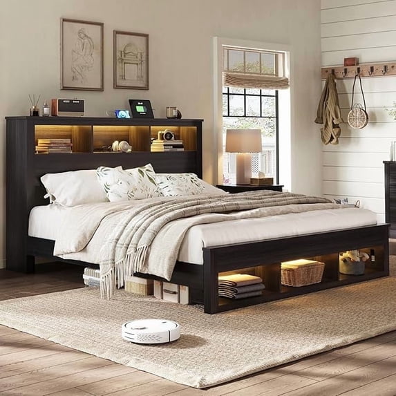VanAcc Farmhouse Queen Size Bed Frame with Storage Bookcase Headboard and Footboard, Storage Wood Platform Bed Frame with Wood Slats Support, Black