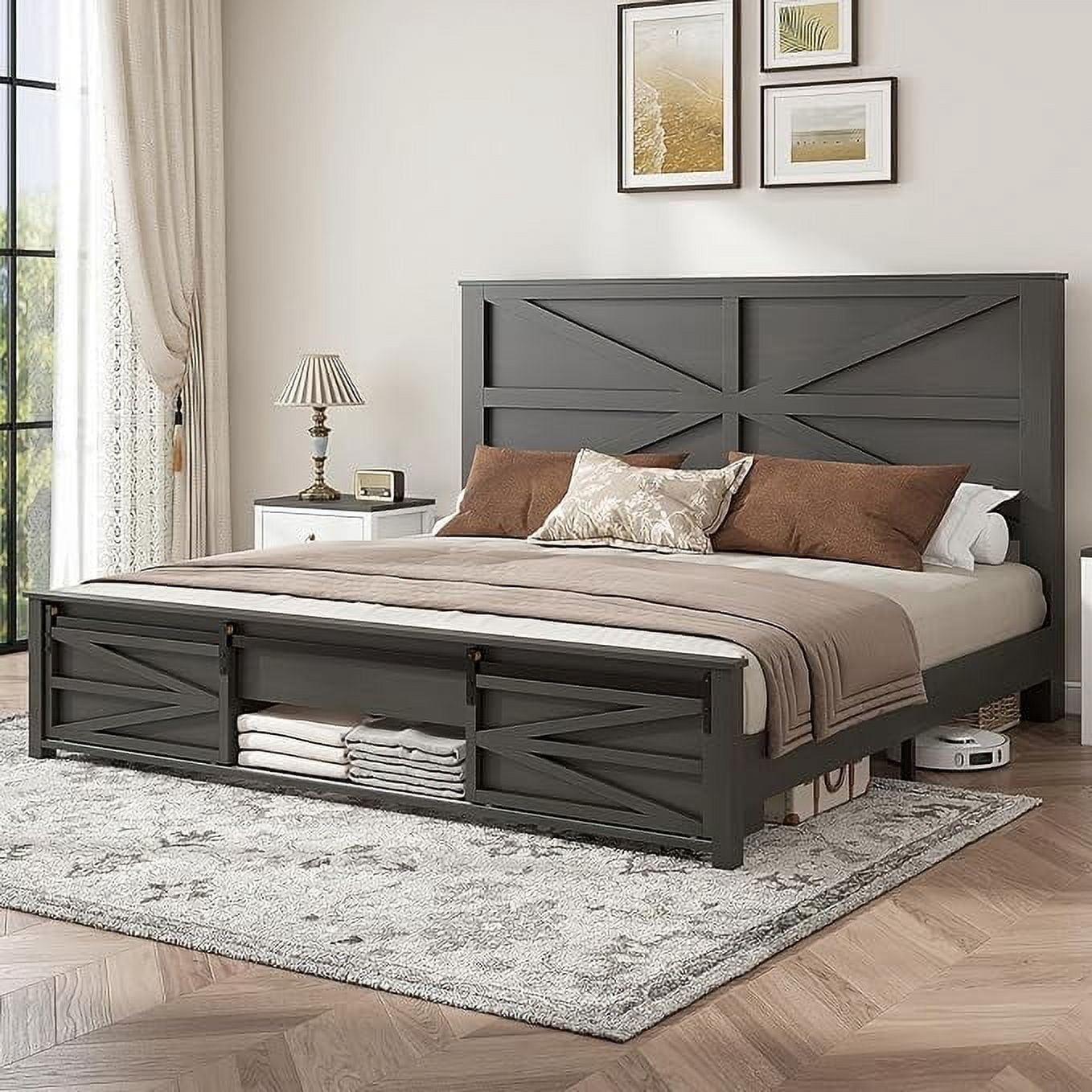 VANACC Farmhouse Queen Size Bed Frame, Wood Platform Bed Frame with ...