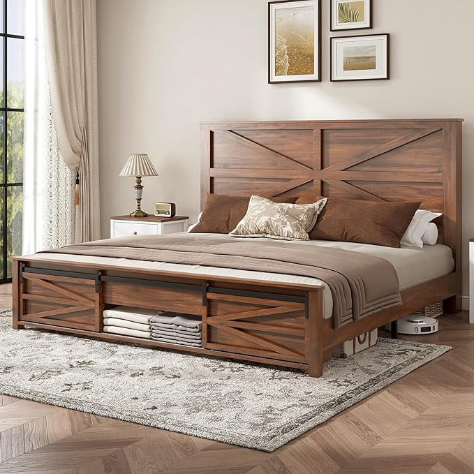 VANACC Farmhouse Queen Size Bed Frame, Wood Platform Bed Frame with ...