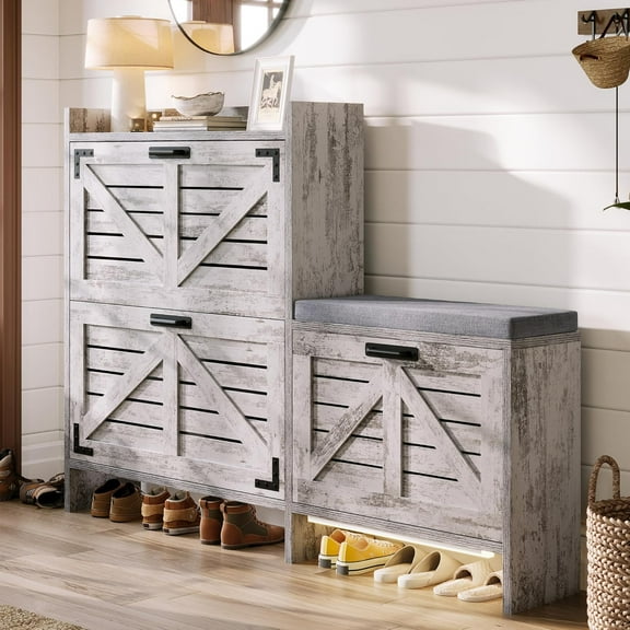VANACC Farmhouse Shoe Cabinet with Bench & Light, 3 Flip Drawers Storage for Entryway, Rustic White