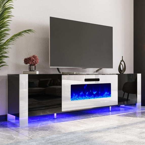 VANACC Fireplace TV Stand, 70" Entertainment Center LED Lights, U-Shaped Legs, Black & White
