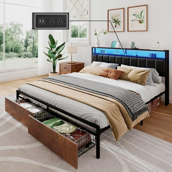 VanAcc Full Bed Frame with 2 Storage Drawers, LED Lights, Rustic Brown