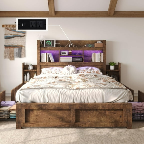 VanAcc Full Size Bed with 49.6" Bookcase Headboard, Dual Side Storage Racks, 4 Drawers, RGB LED Lighting, Charging Station, Rustic Brown