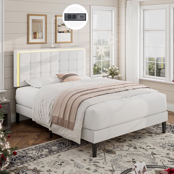 VanAcc Full Size Bed Frame with LED Headboard, Linen Button Tufted Upholstered with USB Charging Station, Strong Wooden Slats Support, White