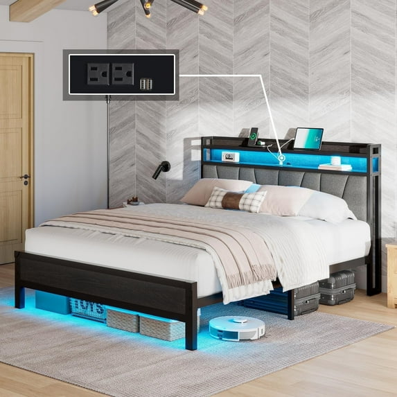 VanAcc Full Size Bed Frame with LED Lights and Charging Station, Upholstered Headboard with 2-Tier Storage, Easy Assembly, Black