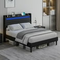 thumbnail image 1 of VanAcc Full Size Bed Frame with RGBW LED Light & Charging Station, 50" High Linen Upholstered Platform Bed with 2-Tier Storage Headboard, Black, 1 of 7