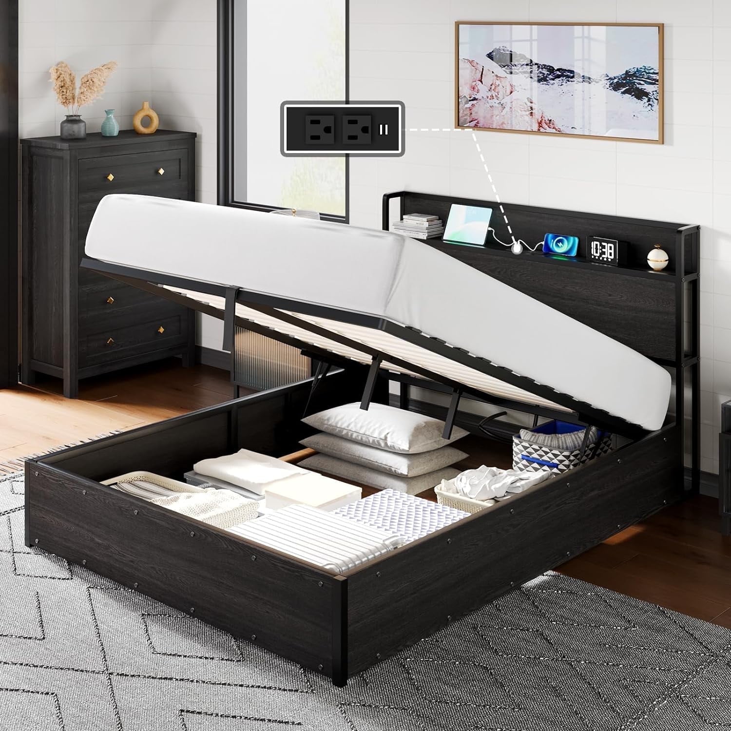 VanAcc Full Size Lift up Storage Bed Frame, Wooden Platform Bed Frame with Lifting Storage & Charging Station, No Spring Box Needed/Noise Free, Black