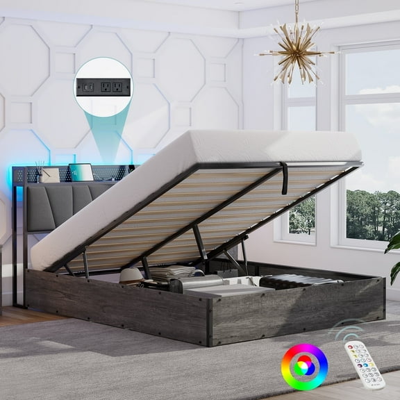 VanAcc Full Size Lift up Storage Bed Frame with LED Light, Rustic Grey