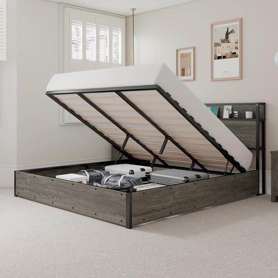 VanAcc Full Size Lift Up Storage Bed, Storage Headboard & Charging Station, Rustic Grey