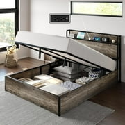 VanAcc Full Size Lift up Storage Bed Frame, Noise-Free, Charging Station, for Adults, No Spring Box Needed, Rustic Grey