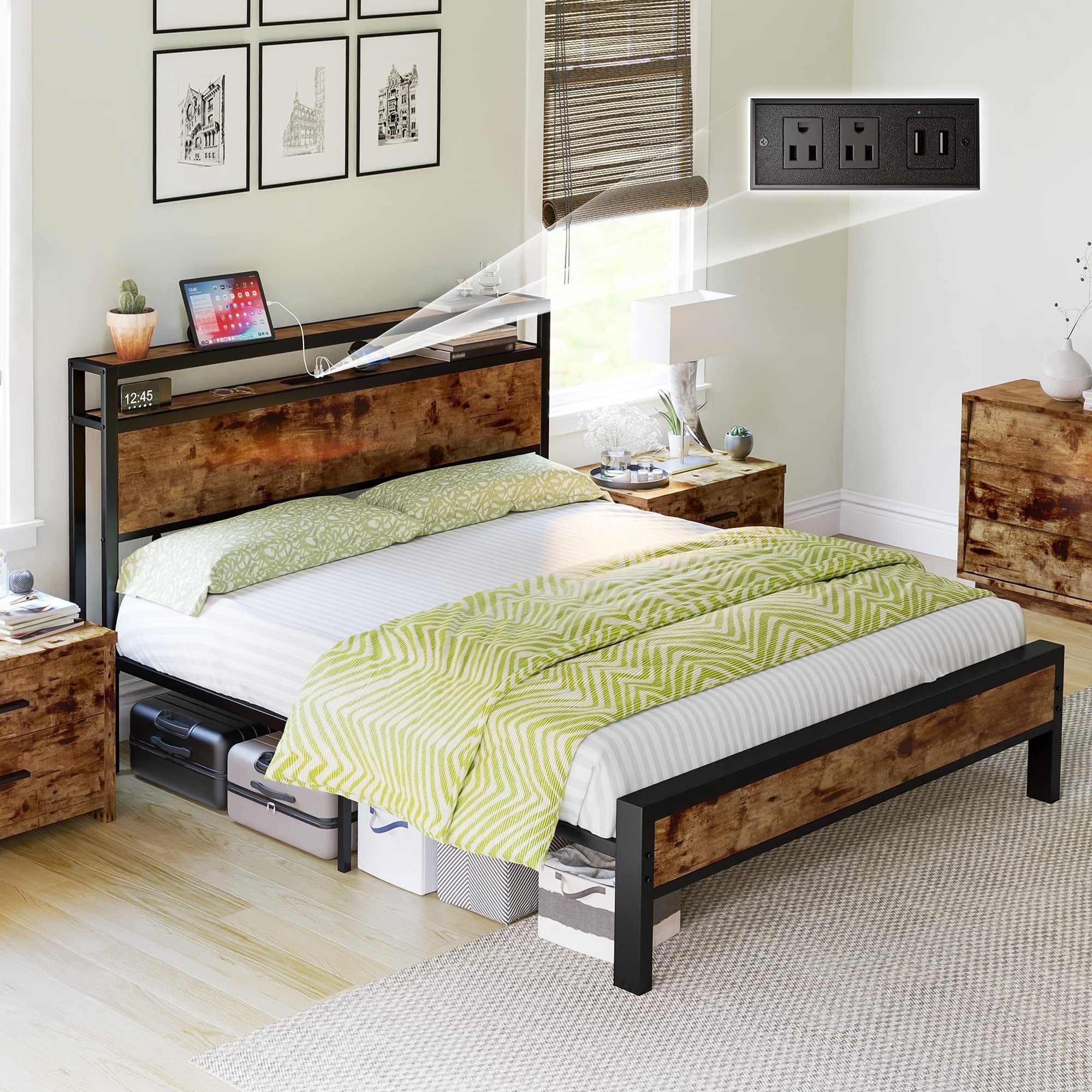 VanAcc Full Size Metal Bed Frame with 2-Tier Storage Headboard and Charging Station, Rustic Brown