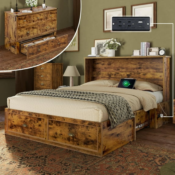 VanAcc Full Size Murphy Bed, Farmhouse Cabinet Bed with Charging Station and Storage Drawer for Bedroom & Guest Room, Brown