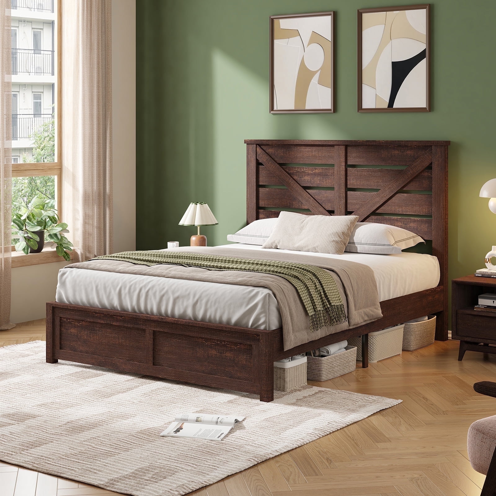 VanAcc Full Size Platform Bed Frame with Wood Grain Headboard, Farmhouse Bed Frame with Storage/No Box Spring Needed/Noisy Free/Easy Assembly/Brown