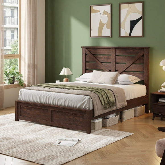 VanAcc Full Size Platform Bed Frame with Wood Grain Headboard, Farmhouse Bed Frame with Storage/No Box Spring Needed/Noisy Free/Easy Assembly/Brown