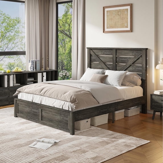 VanAcc Full Size Platform Bed Frame with Wood Grain Headboard, Farmhouse Bed Frame with Storage/No Box Spring Needed/Noisy Free/Easy Assembly/Grey