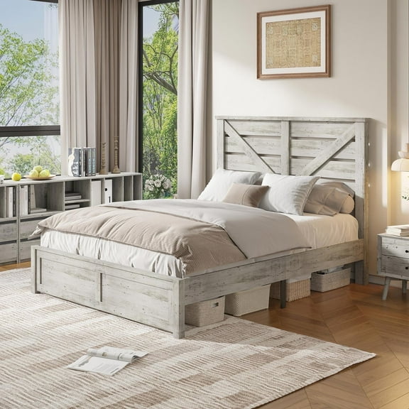 VanAcc Full Size Platform Bed Frame with Wood Grain Headboard, Farmhouse Bed Frame with Storage/No Box Spring Needed/Noisy Free/Easy Assembly/White