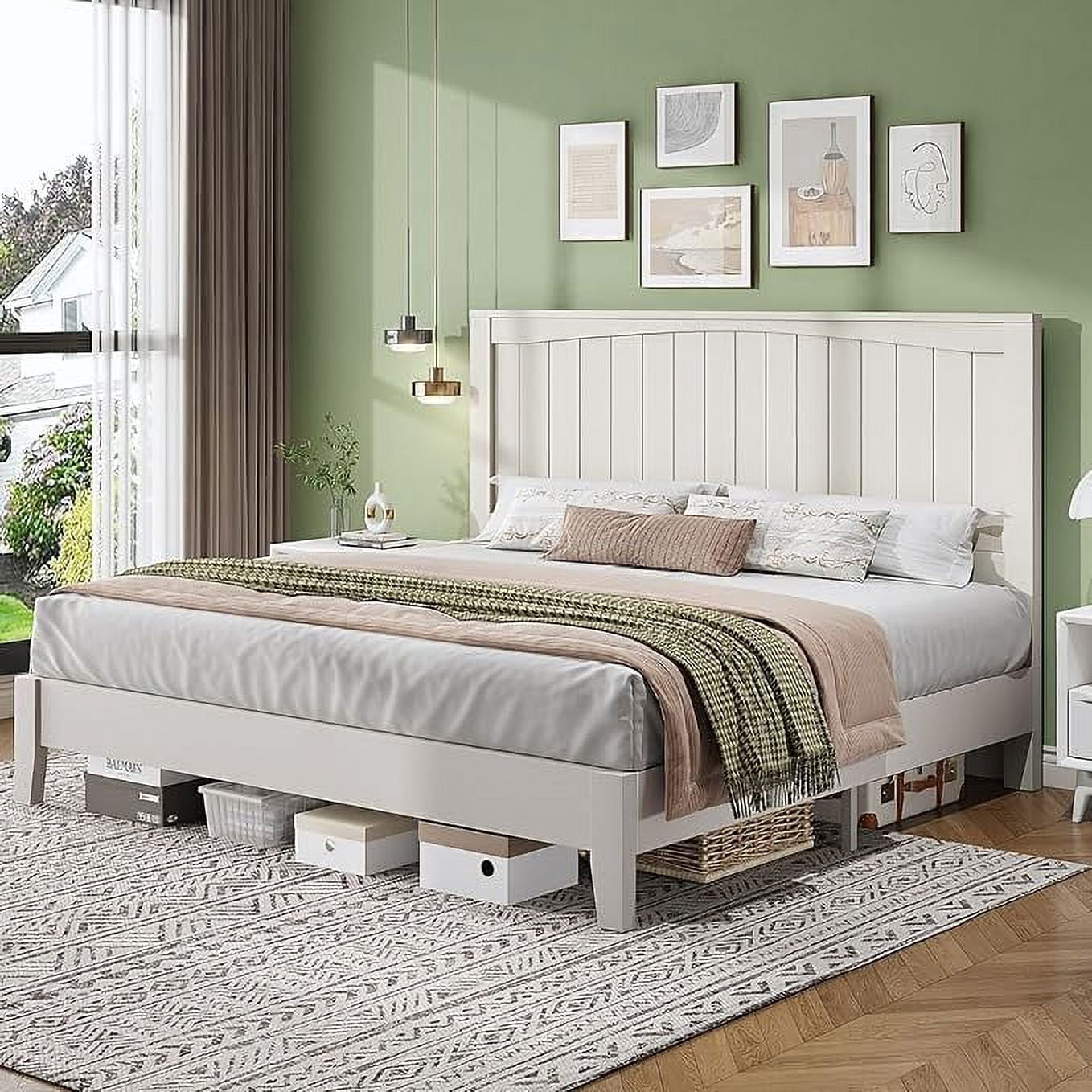 VanAcc Full Size Solid Wood Bed Frame with 48.4" Tall Headboard, Mid-Century Modern Platform Bed with Wooden Slats, Easy Assembly, White