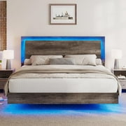 VanAcc Full Size Wood Floating Bed Frame with Headboard & LED Light, Wooden Platform Bed Frame with Slats Support, Easy Assembly, Rustic Grey