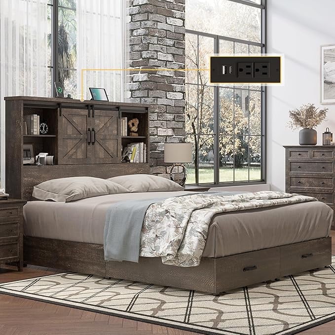 Full Size Brown Wood Platform Bed with Bookcase Headboard and Drawers