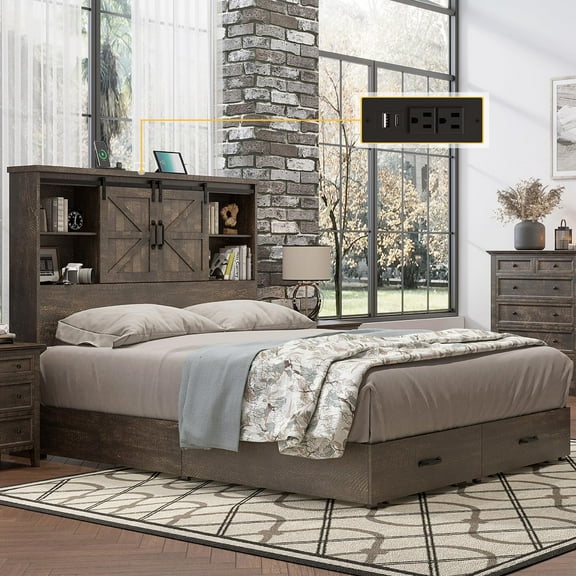 VanAcc Full Size Wooden Platform Storage Bed Frame with 51.2" Wood Bookcase Headboard(Brown)