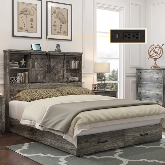 VanAcc Full Size Wooden Platform Storage Bed Frame with 51.2" Wood Bookcase Headboard(Rustic Grey)