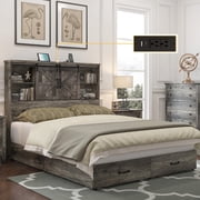 VanAcc Full Size Wooden Platform Storage Bed Frame with 51.2 Wood Bookcase HeadboardRustic Grey