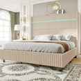 thumbnail image 1 of VanAcc King Bed Frame with LED Lights Charging Station, Corduroy Upholstered Platform Bed Frame with 60" Tall Wingback Headboard/Beige, 1 of 8