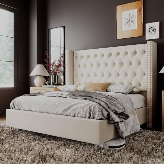VANACC King Bed Frame Upholstered Bed Wingback Headboard Velvet Tufted Diamond Button/No Box Spring Needed/Easy Assembly/Cream