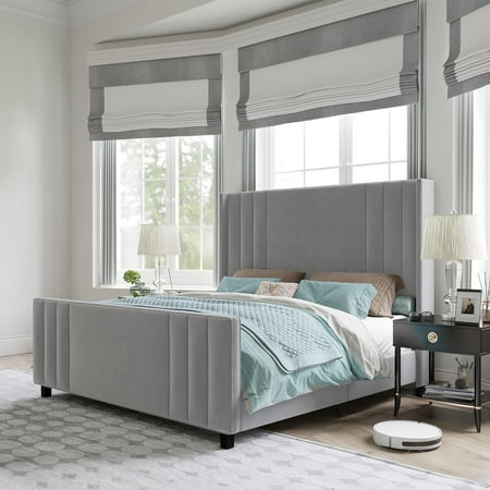 VANACC Velvet Upholstered King Size Bed Frame with Headboard & Footboard/Wingback for Adult Grey