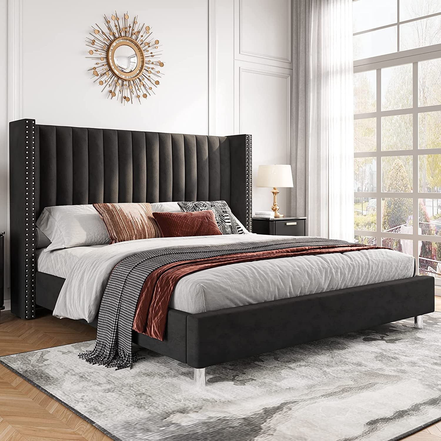 VanAcc King Bed Frame and Headboard Upholstered Wingback Bed with Vertical Channel Tufted Velvet/No Box Spring Needed/Easy Assembly/Black