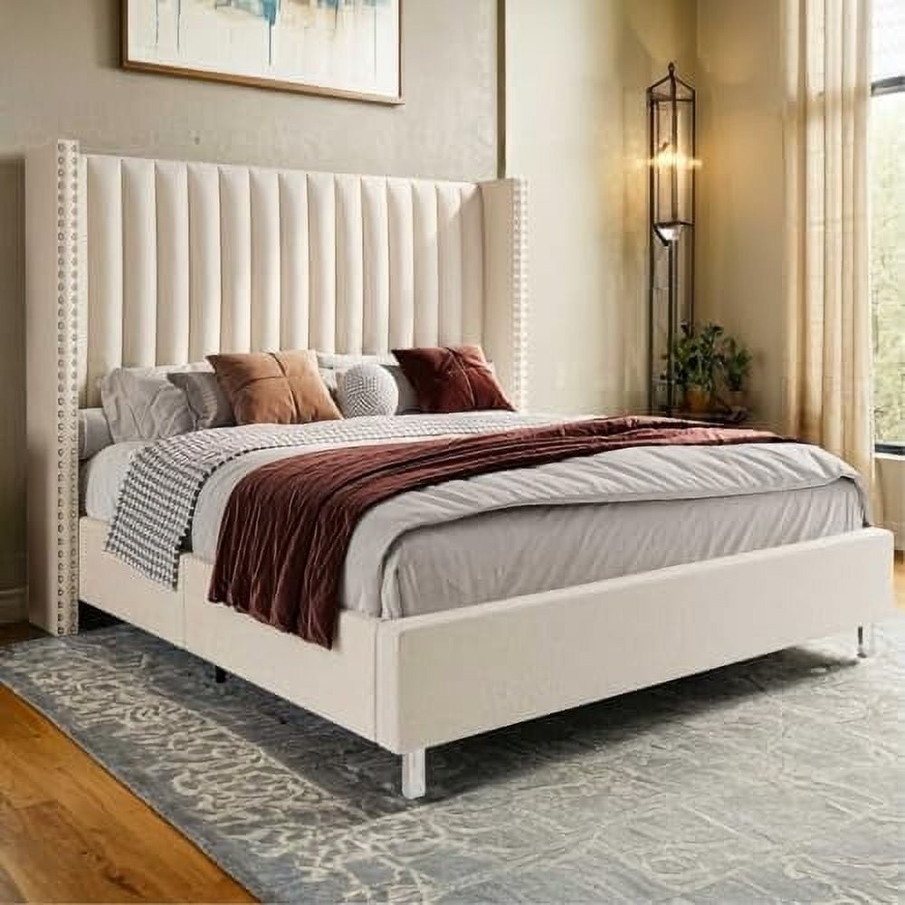 VanAcc King Bed Frame and Headboard Upholstered Wingback Bed with Vertical Channel Tufted Velvet/No Box Spring Needed/Easy Assembly/Cream