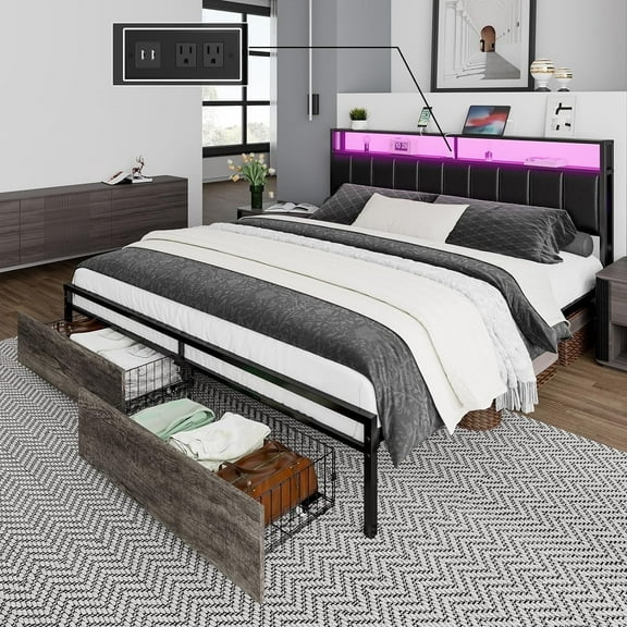 VanAcc King Bed Frame with 2 Storage Drawers, LED Lights, Rustic Grey