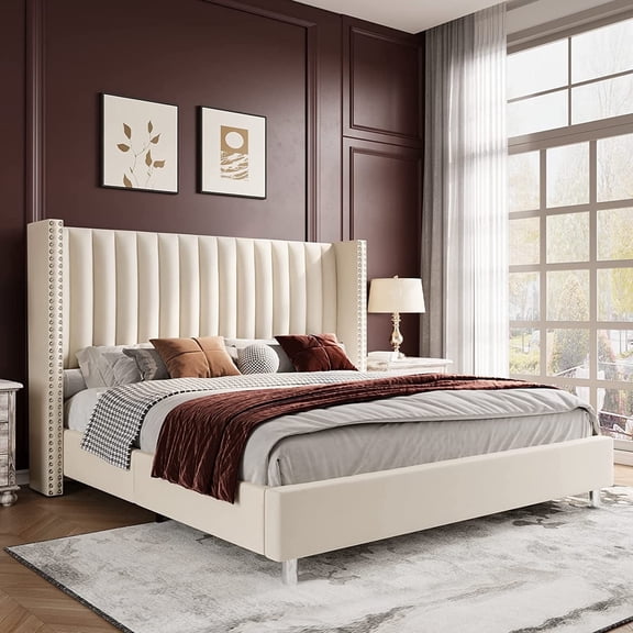 VanAcc King Bed Frame with Raised Wingback Headboard,Velvet Upholstered,No Box Spring Required,Cream