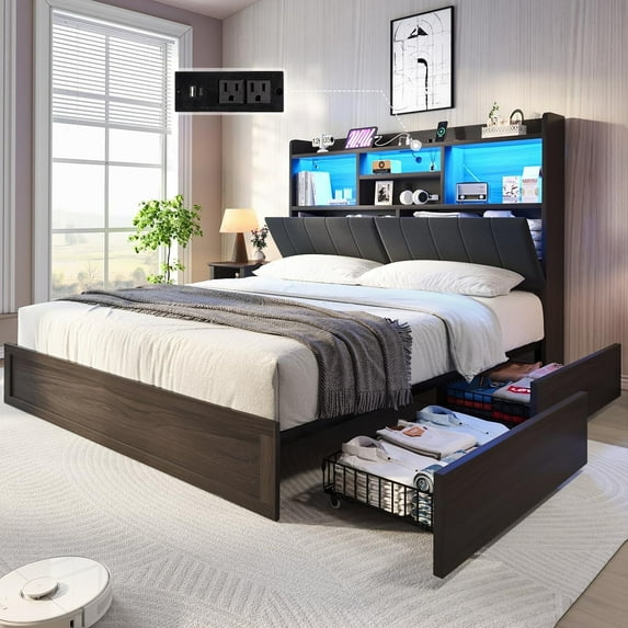 VanAcc King Farmhouse Bed Frame with Bookcase Headboard and 4 Drawers, LED Storage Bed with Charging Station & Linen Upholstered, Black