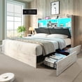 thumbnail image 1 of VanAcc King Farmhouse Bed Frame with Bookcase Headboard and 4 Drawers, LED Storage Bed with Charging Station & Linen Upholstered, Distressed White, 1 of 10