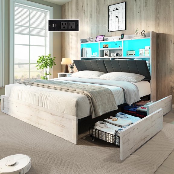 VanAcc King Farmhouse Bed Frame with Bookcase Headboard and 4 Drawers, LED Storage Bed with Charging Station & Linen Upholstered, Distressed White